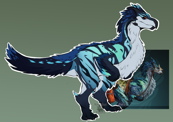 A side profile drawing of a blue seikret, a monster hunter creature. Pretty much a bird raptor mix