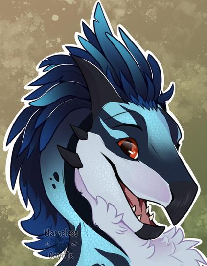 The same seikret but a headshot drawing, looking happy and smiling at the viewer.