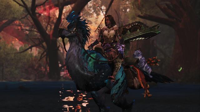 In game screenshot of the seikret, my hunter and palico (cat)
