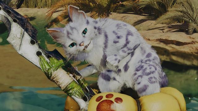 Close up of the palico (cat) on a yellow flotie. Looking curious and happy