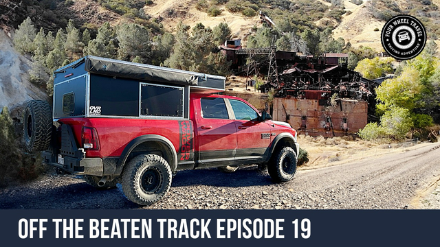 Red Power Wagon truck in front of abandoned New Idria Mercury Mine