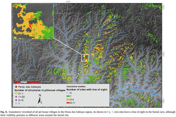 map - Cumulative viewshed of all pit house villages in the Perau das Cabeças region... [T]wo sites have a line of sight to the burial cave, although their visibility pertains to different areas around the burial site.