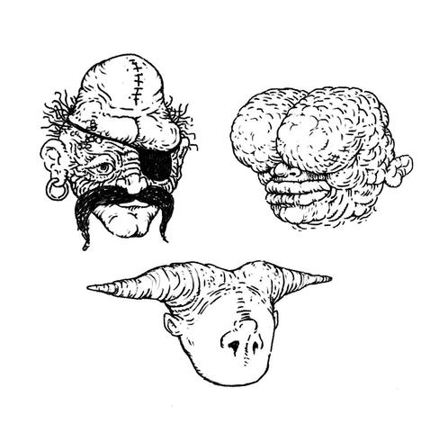 Drawing of 3 head of weird demons