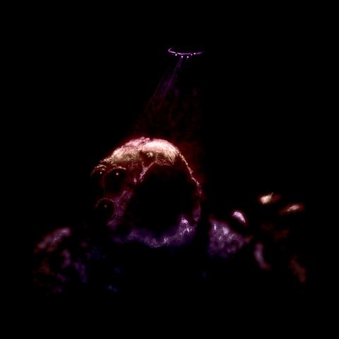 A small deep-sea vessel shines a light into the abyss, revealing a large monstrous turtle like creature with 6 eyes and large claws.