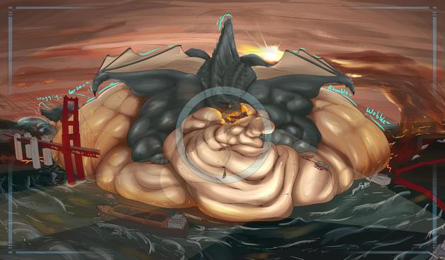 The blob lard dragon Peridotite holding his paw on his thick neck rolls, showing off his lard gained by munching on the cities around proudly.
They lay on the river where they have eaten the golden gate bridge like a kaiju, wobbling and groaning for more food being served to them!