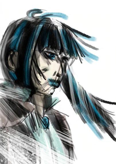Sketch like, broad brush strokes Portrait of a dark blue hair woman, with the wind blowing her hair. Very much inspired by Yoji Shinkawa