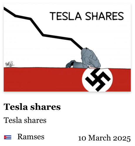 screenshot cartoon : neerwaartse lijn met onderaan ’n mannetje op knieën, met hoofd in gat van brede rode band zakt waarop een swastika te zien is, 
toont dat aandelen Tesla zakken in waarde, in rood staan