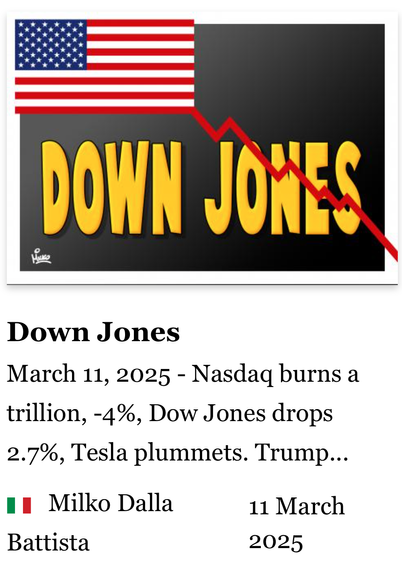 screenshot cartoon: 
bord zwart met USA vlag en neerwaartse lijn, 
tekst DOWN JONES