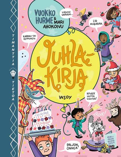 Juhlakirjan kannessa on pinkillä taustalla erilaisia piirrettyjä lapsihahmoja monenlaisiin juhliin liittyvissä asuissa: on karnevaalinaamioita, id-juhlaa, joulua, Tomatina-juhlaa, pääsiäisnoitaa ja niin edelleen.