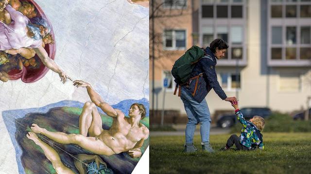 geteiltes bild, links ein gedrehtes bild von michel angelos "die erschaffung adams", rechts ein kind auf einer wiese, das in der gleiche pose wie adam nach einen eisbecher greift, das von der stehenden mutter gereicht wird