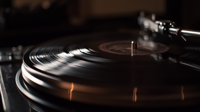 Écho Analogique
Gros plan sur un disque vinyle en train de tourner sur une platine, capturant l’essence intemporelle du son analogique et l’atmosphère chaleureuse des mélomanes.
Close-up of a vinyl record spinning on a turntable, capturing the timeless essence of analog sound and the warm atmosphere of music lovers.
