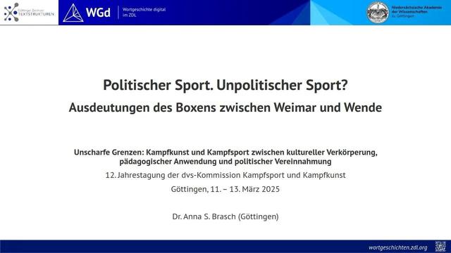 Titelfolie meiner Präsentation "Politischer Sport. Unpolitischer Sport? Ausdeutungen des Boxens zwischen Weimar und Wende" bei der 12. Jahrestagung der dvs-Kommission Kampfsport und Kampfkunst zum Rahmenthema „Unscharfe Grenzen: Kampfkunst und Kampfsport zwischen kultureller Verkörperung, pädagogischer Anwendung und politischer Vereinnahmung“ vom 11. bis 13. März in Göttingen