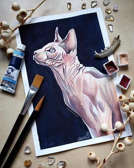 A watercolor artwork of a sphynx cat