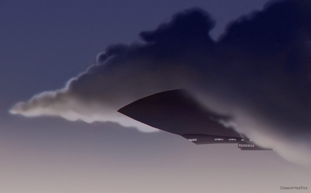 An airship emerging through the clouds. Digitally drawn.