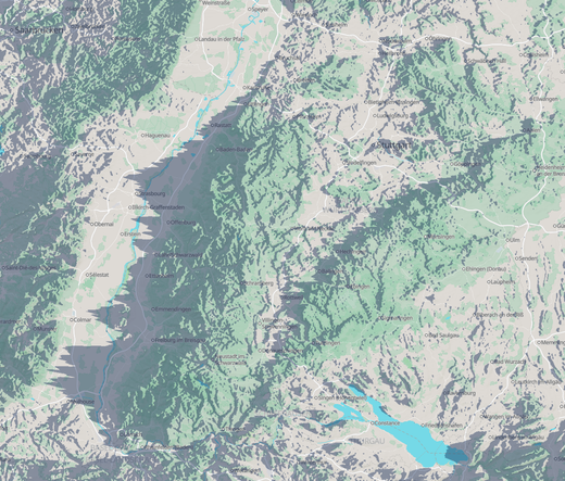 shaded map view of a sunrise above a part of baden-württemberg, germany