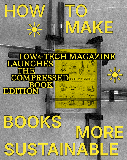 Poster for a book lauch. A book with illustrated cover is being compressed by wood clamps on all side, illustrating the idea of shrinking the book.