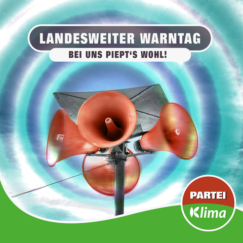 Zu sehen ist eine Nahaufnahme von vier roten Lautsprechern, von denen Schallwellen ausgehen. Darüber steht in einem anthrazitfarbenen abgerundeten Kasten "Landesweiter Warntag" und unmittelbar darunter "Bei uns piept's wohl!"