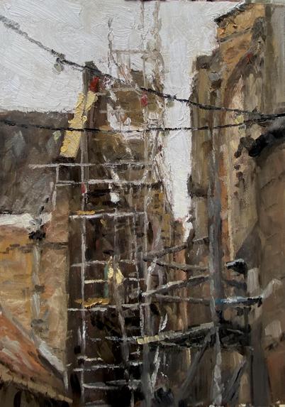 Impressionistic Oilpainting, Made en plein air. It shows construction work at a fassade.