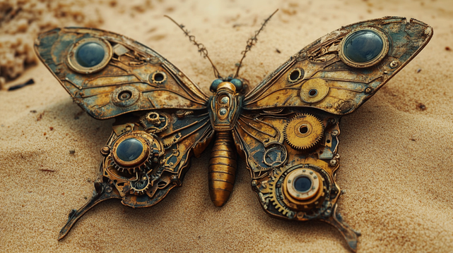 Papillon d’Engrenages
Étrange papillon mécanique en laiton et cuivre, orné de rouages et de lentilles, reposant délicatement sur le sable comme un vestige d’un monde alternatif.
A peculiar mechanical butterfly made of brass and copper, adorned with gears and lenses, resting delicately on the sand like a relic from an alternate world.