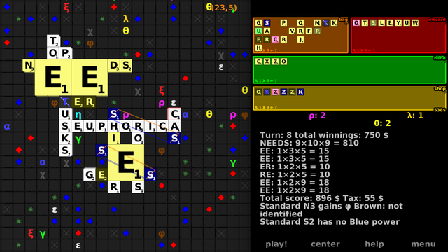 (1) Infinite square grid, with standard Seuphorica special powers. Letters E and R (inverse colors close to the gigantic EE top left) are "reversing", hence "RE" is accepted and "EE" is accepted multiple times.  Note the word GEESE which uses a portal to get a multiplier for gigantic 'E' two times in a single word. "PETER" uses a mirror.