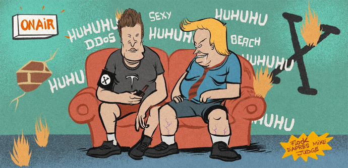 Elon Musk et Donal Trump dessinés à la manière de Beavis & Butthead. Elon ports un T-Shirt Tesla et un brassard X. Les deux sont assis sur un canapé miteux dans une salle à manger décrépie.
Un panneau allumé "On air" est à côté. 
Ils rient bêtement à la manière de Beavis & Butthead.