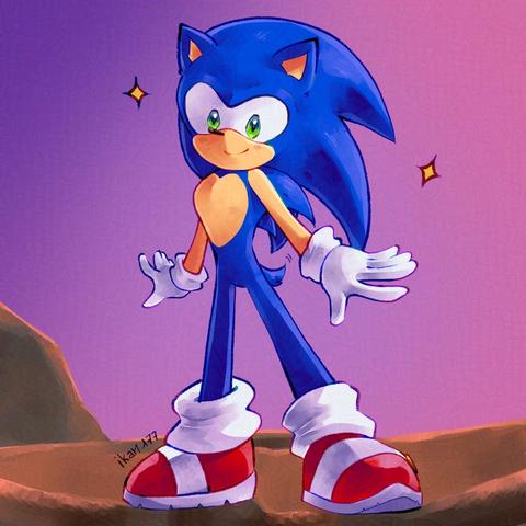 Drawing of Sonic standing on top of a rock formation with the morning sky behind him. He has a wide stance with his arms spread out and a cute smile, and little sparkles around him to emphasize his cuteness.