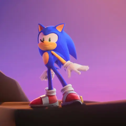 Sonic Prime screenshot of the same scene, sans the little sparkles. Sonic's pose is also less dainty and more relaxed.