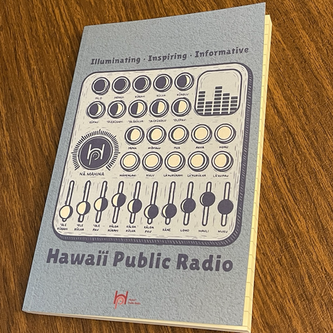 Photo of the notebook as described, the buttons and slider controls on the drawing of the radio console are moons in all 29 phases, labeled with the Hawaiian name for that phase