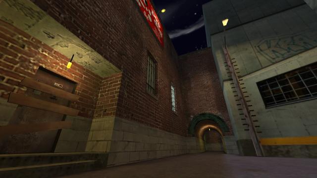 In this picture you are even closer to the boarded-up entrance of the brick building. This time, too, you can look into the tunnel. This is on the map cs_backalley in the game Counter-Strike 1.6.
