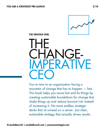 Slide titled 'The Change-Imperative CEO' with descriptive text and a blue square containing an upward trending line graph that extends beyond the square, symbolizing growth and breaking boundaries.