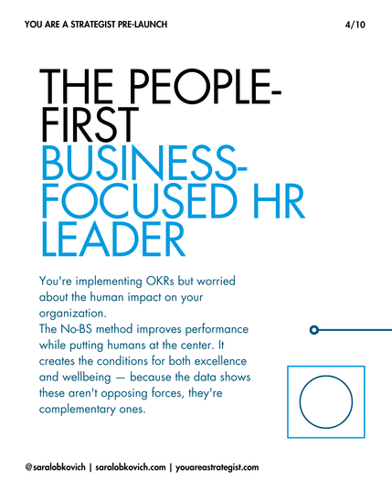 Slide titled 'The People-First Business-Focused HR Leader' with descriptive text and a blue square containing a circular element, representing human-centered approaches to business.