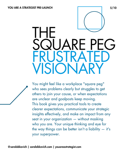 Slide titled 'The Square Peg Frustrated Visionary' with descriptive text and a blue square with a circle overlapping it, visually representing being a 'square peg' that doesn't quite fit conventional spaces.