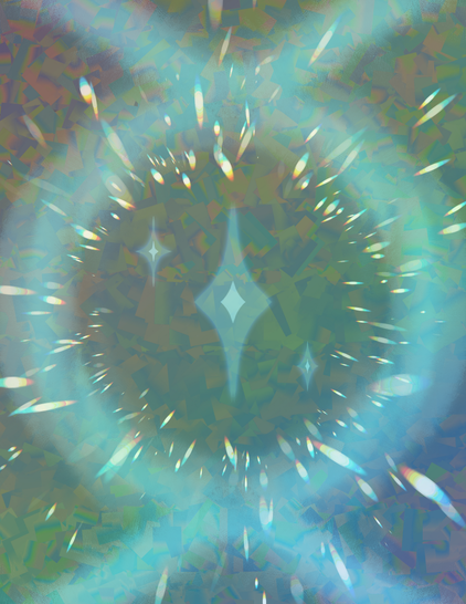 A strange abstract digital painting. A circle encompasses some sparkles in the very center of the image. There are many beams of light surrounding the circle. Behind that there is a background of slightly holographic crystals or squares. This painting could be observed from any angle.