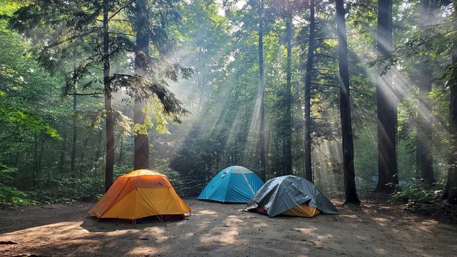 Three tents on campsite with misty sunlight in background.