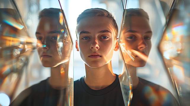 Réflexion Prismatique
Un visage énigmatique se dédouble à travers des reflets prismatiques, capturé dans une danse de lumière et de couleurs diffractées. Entre illusion et réalité, cette image explore la perception fragmentée de l’identité et la beauté des reflets distordus.
An enigmatic face is doubled through prismatic reflections, captured in a dance of light and diffracted colors. Between illusion and reality, this image explores the fragmented perception of identity and the beauty of distorted reflections.
