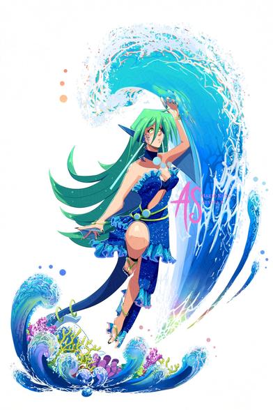 An illustration featuring Mythril, my fish girl OC, in a watery themed outfit and composition. Mythril is diving upwards with a curving arch of water following her. Below, her tail skims through waves and coral.
