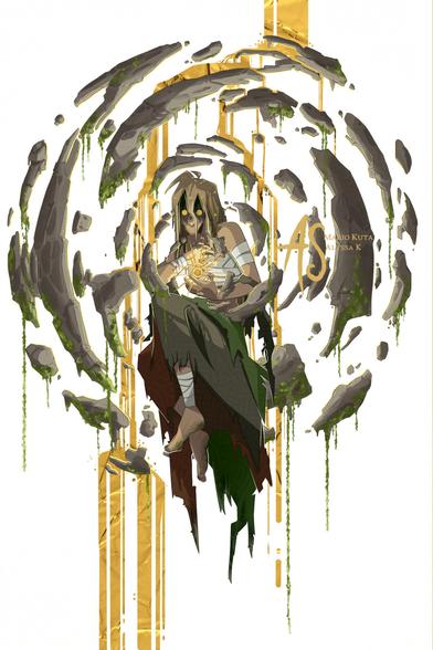 An illustration of a sona-themed OC belonging to Shanks. The character is hunched over and holding a sphere of light between her hands eyes hidden mostly by hair. She's wearing tattered robes in earthy colours and behind her is a broken spiral of dirt and moss with golden sand pouring between.
