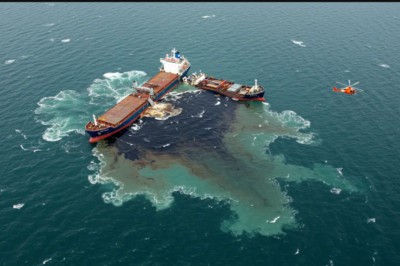 The collision of a buik fuel tanker and a container ship in the North Sea. Pollution can be seen on the surface