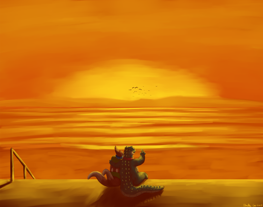 A landscape of a golden beach sunset with fading mountains on the horizon. Near the foreground is the top of a beach wall with railings on the left side leading down to the beach. Sitting along the wall is a teal crocodile with a pink collar and a floatzel with a blue scarf and headphone. The croc has their left arm wrapped around the floatzel pulling them close as they point out with their right hand towards the sunset. Out fling in the sky towards the sunset and mountains is a flock of birds and their silhouettes.