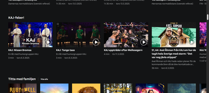 Skärmbild från framsidan av Yle Arenan, var man kan se rubriken KAJ-feber! Och olika innehåll om bandet under det.