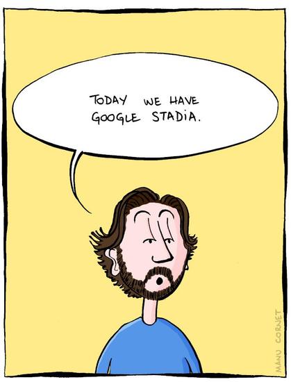 Panel 3: Sergey Brin again: "Today we have Google Stadia."