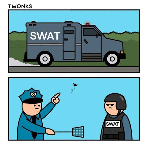 Comic by Twonk: A police SWAT team arriving at the scene, being handed by a standing by officer a fly swatter while he points at a fly