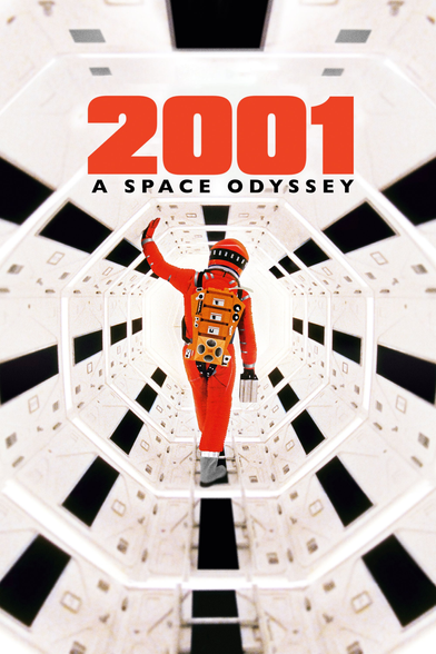 El póster de la película "2001: Una odisea del espacio" muestra a un astronauta en traje espacial rojo caminando por un largo pasillo cilíndrico blanco y metálico. El traje tiene una mochila naranja con detalles. El astronauta se aleja del espectador y saluda con la mano. El título de la película, "2001", en letras rojas mayúsculas, está sobre la imagen. Debajo, en letras más pequeñas, se lee "A Space Odyssey". El pasillo se extiende a lo largo de todo el póster, creando una perspectiva profunda.