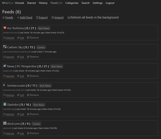 A screenshot of the news reader's simplistic interface showing several feeds added, among them Arstechnica, the Caelum Sky webcomic, PC Perspective news, Semiaccurate, Slashdot, and xkcd comics