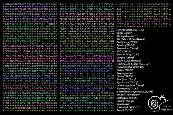 All my demoscene tiny intros binaries packed as 16-bit extended Cistercian numerals with the names of each intros in order. This is an early version with a vertical stave and some 1px cuts.