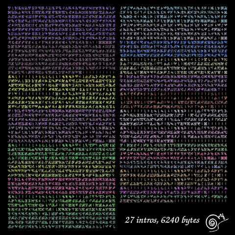 All my demoscene tiny intros binaries packed as 16-bit extended Cistercian numerals. Early compact version again with a vertical stave and some 1px cuts.