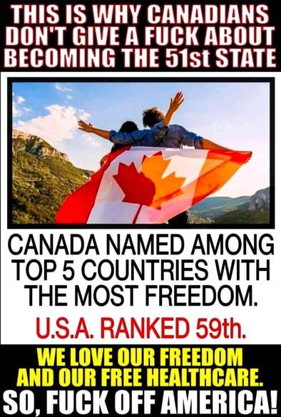 Alt-text:

Image with text expressing Canadian pride and a Canadian flag.

Transcribed Text:

THIS IS WHY CANADIANS DON'T GIVE A FUCK ABOUT BECOMING THE 51st STATE
CANADA NAMED AMONG TOP 5 COUNTRIES WITH THE MOST FREEDOM.
U.S.A. RANKED 59th.
WE LOVE OUR FREEDOM AND OUR FREE HEALTHCARE. SO, FUCK OFF AMERICA!