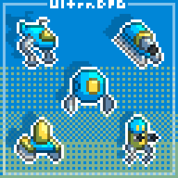 Pixel art of five units. Top left is a helicopter shaped vehicle with legs, top right is a tank, middle is a spherical robot with arms, bottom left is a tank with a a yellow dome on top, and the bottom right is a robot with gun arms.