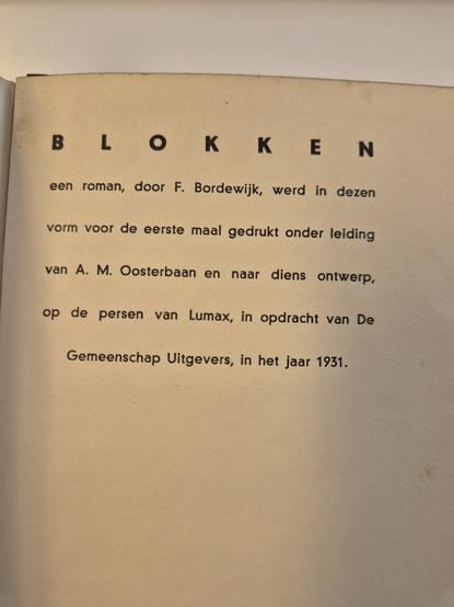 Colofon van Blokken van Bordewijk, uitgeverij De Gemeenschap.