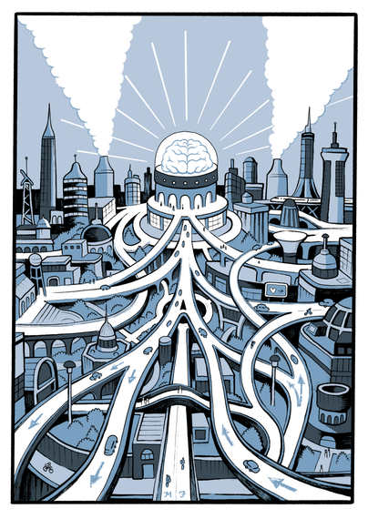 A giant brain at the center of a futuristic city, radiating a complex network of roads (a metaphor for the peripheral nervous system)
